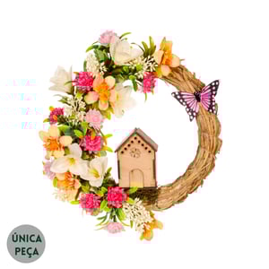 GUIRLANDA FLORES MISTAS 32 CM COM CASA E BORBOLETA