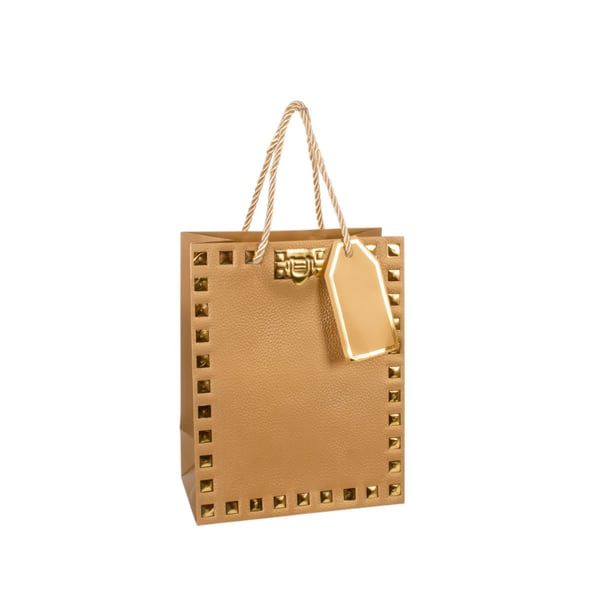 SACOLA PRESENTE 23X18X10 CM QUADRADOS DOURADOS CARTONADA