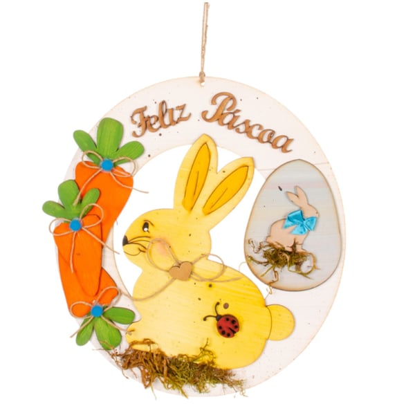 GUIRLANDA FELIZ PÁSCOA 30 CM COELHO COM CENOURA / OVOS MDF