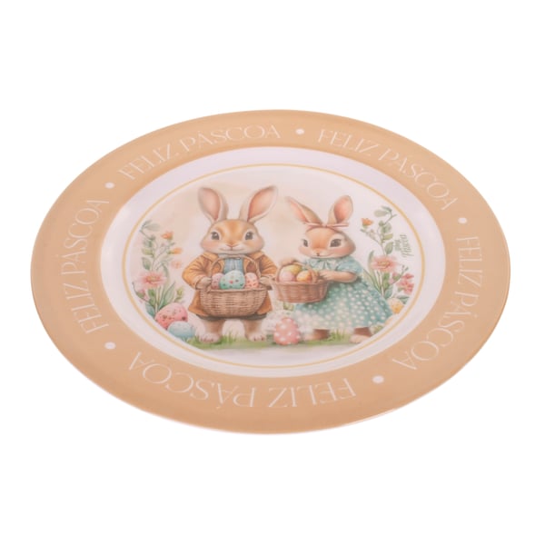 BANDEJA / PRATO MELAMINA 2,2X35,5 CM FELIZ PÁSCOA REDONDO COELHOS BEGE