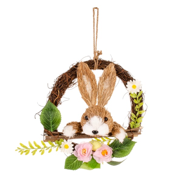 GUIRLANDA PÁSCOA 27 CM ROSTO COELHO DE PALHA COM FLORES