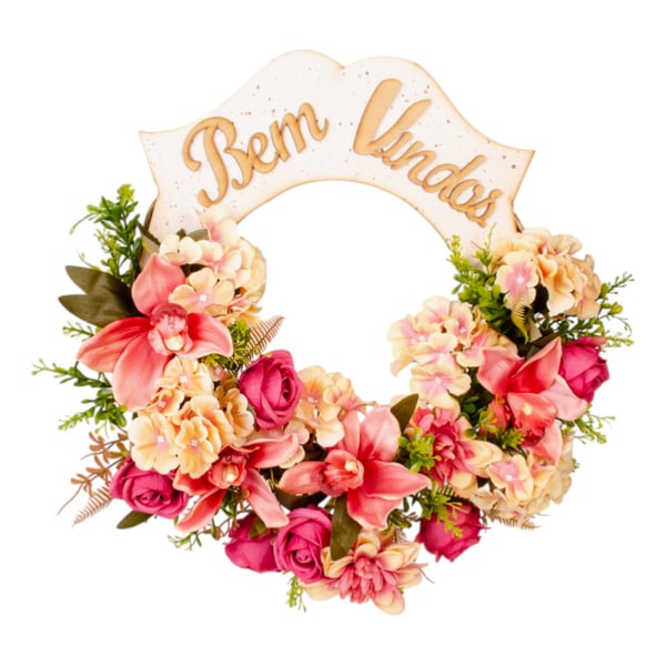 GUIRLANDA BEM VINDOS 44 CM HORTÊNSIA E ORQUÍDEA 