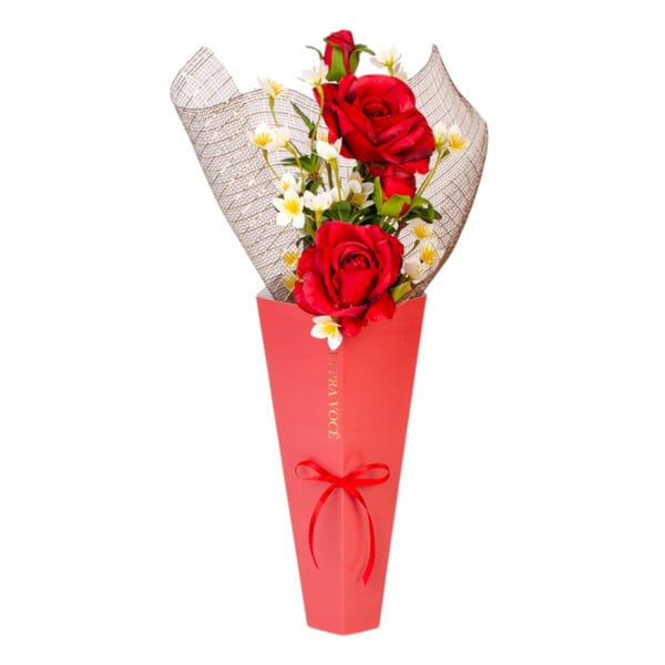 BUQUÊ DECORADO 55 CM ROSA VERMELHA FLORES PARA VOCÊ