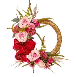 GUIRLANDA ROSA E BOTÃO 40 CM COM ALCACHOFRA LAÇO VERMELHO