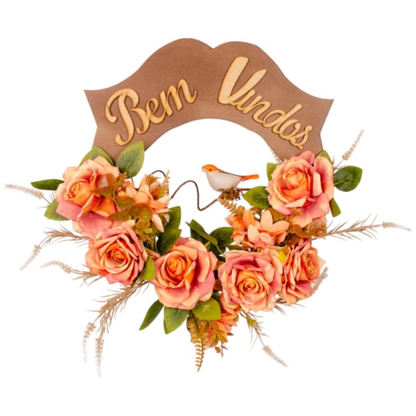 GUIRLANDA BEM VINDOS 40 CM ROSA COM PÁSSARO LARANJA