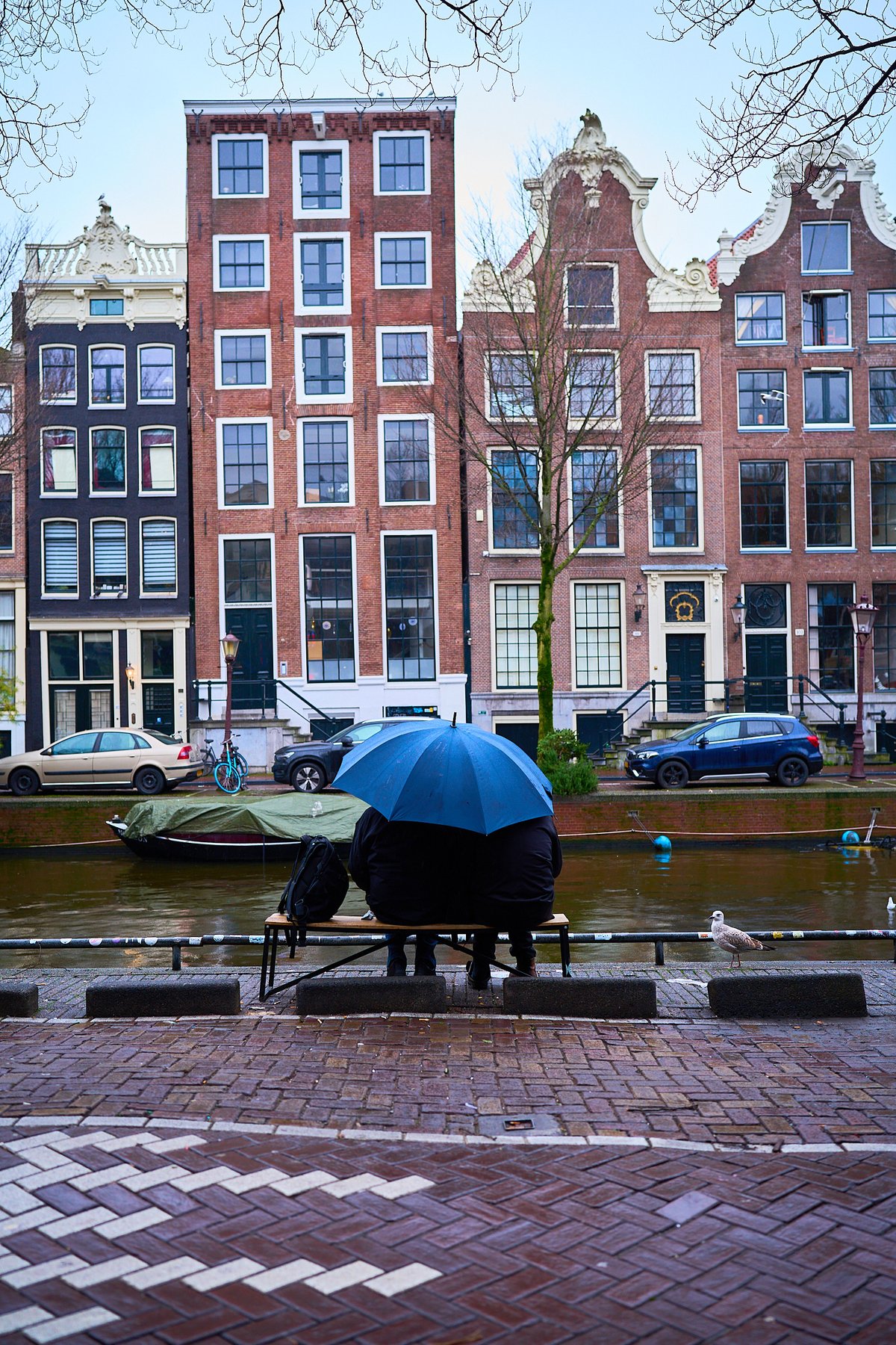 An elderly couple sit on a bench under a bright blue umbrella facing a canal lined with traditional Dutch architecture on an overcast day.