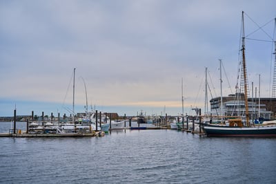 Sailboats and fishing boats are docked at a marina under a grey, overcast sky with a hint of light on the horizon.