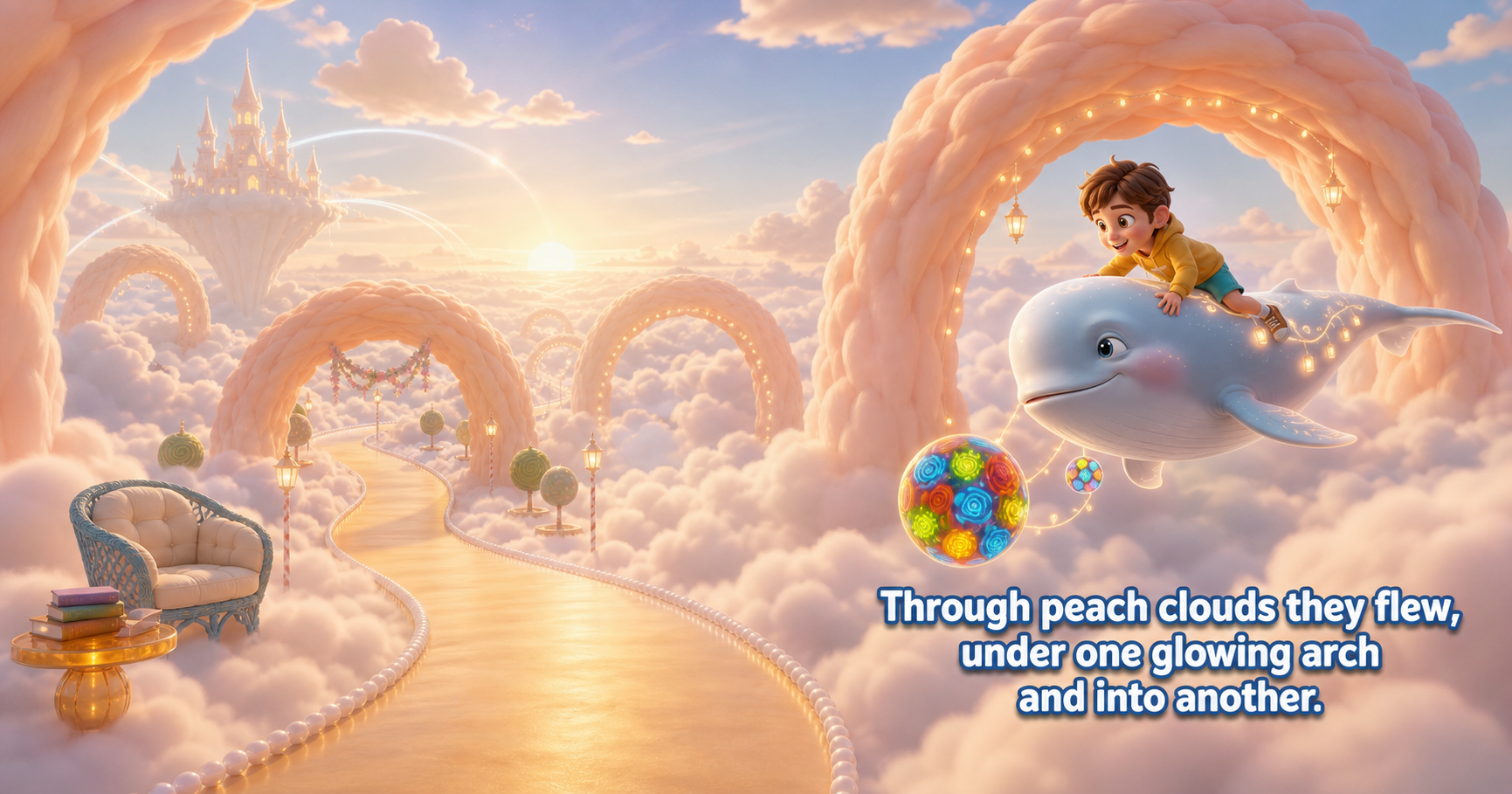 A Sunset Sky Map spread with a child inside a glowing fantasy map world