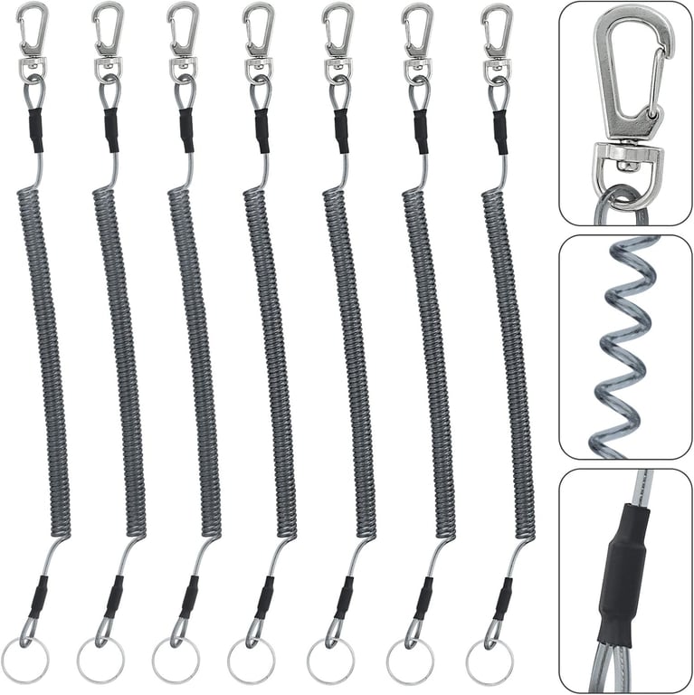 Fishing Lanyard (7Pcs) Safety Retractable Coiled Tether with Carabiner and Split Ring for Pliers, Boating, Tools(Black)