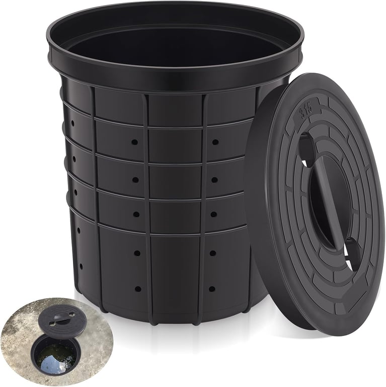 Perforated Sump Basin with Lid Sump Pump Basin Bucket with Drilled Holes for Crawl Spaces,Yards,Patios and Driveways(Black,13 x 11.4 x 15 Inch)