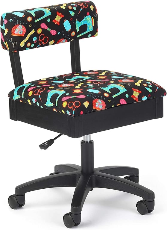 Arrow Sewing H7013B Adjustable Height Hydraulic Sewing and Craft Chair with Under Seat Storage and Printed Fabric, Sewing Notions Print