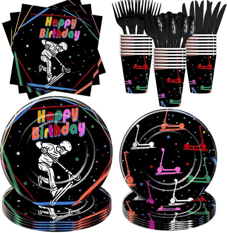 Scooter Birthday Decorations Tableware, Scooter Skating Party Supplies for Birthday Baby Shower, Paper Plate, Cup, Napkin, Disposable Cutlery | Serves 24