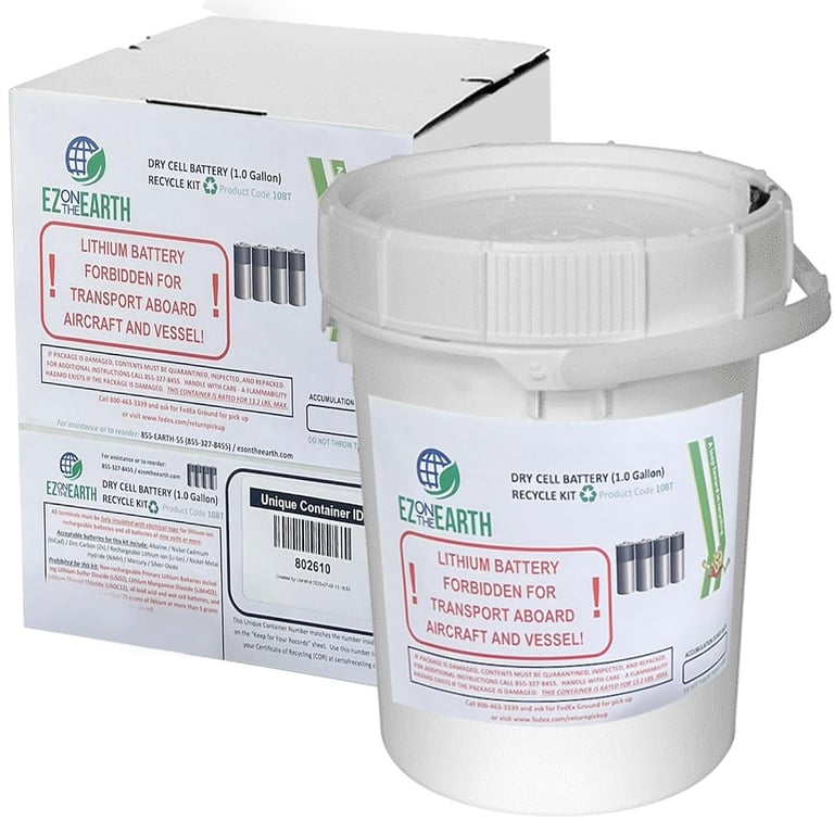 Dry Cell Battery Recycling Container Kit - 1 Gallon Battery Recycling Pail - Pre-Paid/Mail-Back Recycle kit that Holds up to 13.2 lbs Batteries - Recycling Pail with Cardboard Box