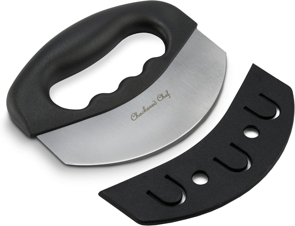 Checkered Chef Salad Chopper Tool - Mezzaluna Knife, Stainless Steel Blade