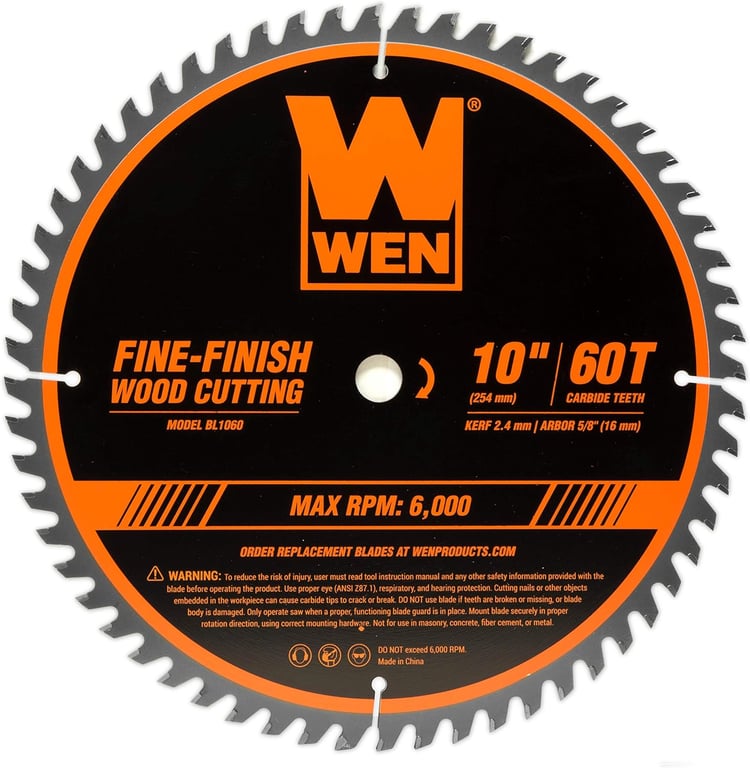 WEN BL1060 10-Inch 60-Tooth Fine-Finish Professional Woodworking Saw Blade for Miter Saws and Table Saws, Silver,Pack of one