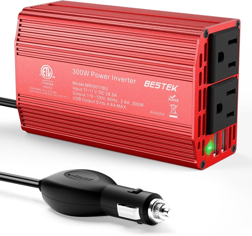 BESTEK Power Inverter DC 12-17V to AC 110V - 300W Car Plug Adapter Outlet | 4.8A Dual USB Fast Charging Port, Vehicle Charger Cigarette Lighter Adapter for Phone, Laptop on Road Trip - Aluminum Housing