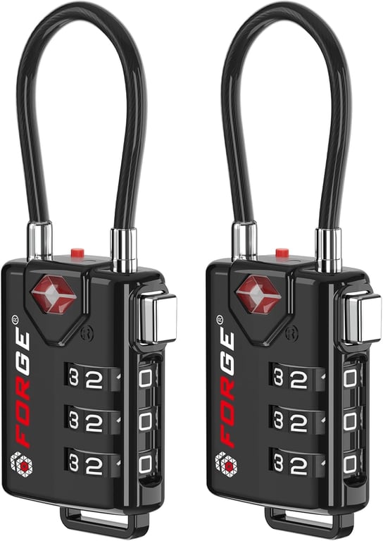 Forge TSA Approved Luggage Locks, Open Alert Cable Lock, Black, 2 Pack