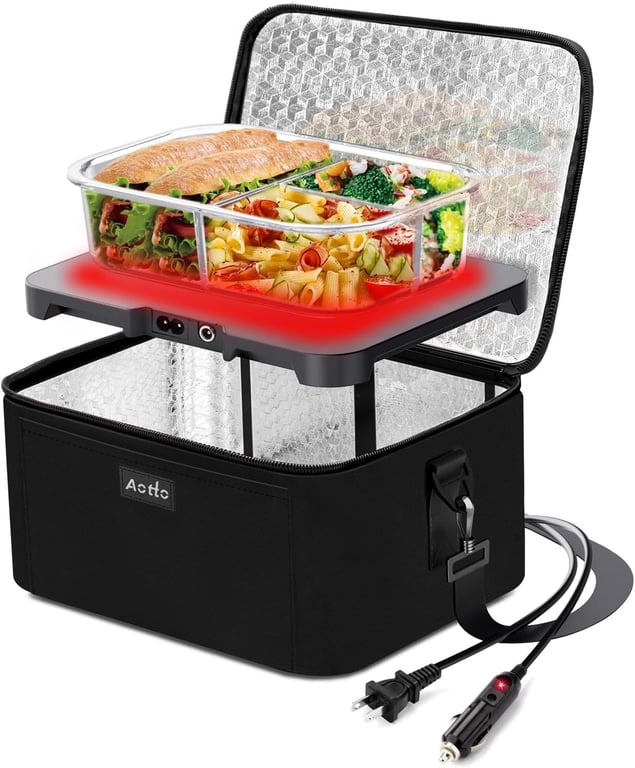 Portable Oven, Electric Lunch Box Food Heater - 12V/24V/110V 3-in-1 Car Food Warmer - Mini Personal Microwave Heated Lunch Box Warmer for Car, Truck, Travel, Office & Home Use - Black