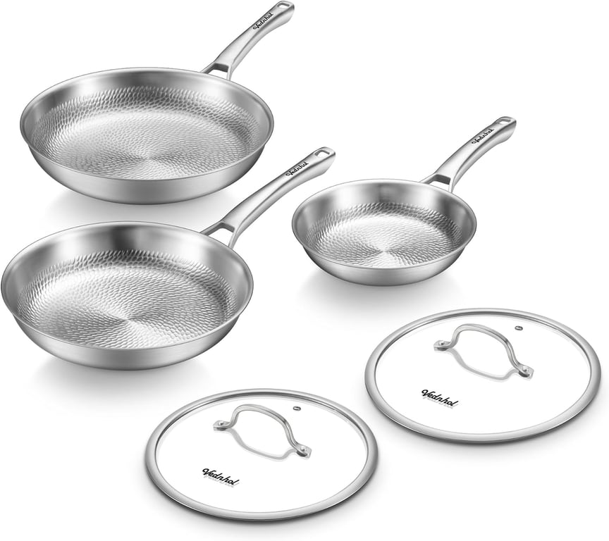Titanium Pans set for Cooking, 8"+10"+12" Non-Toxic Skille with Lid