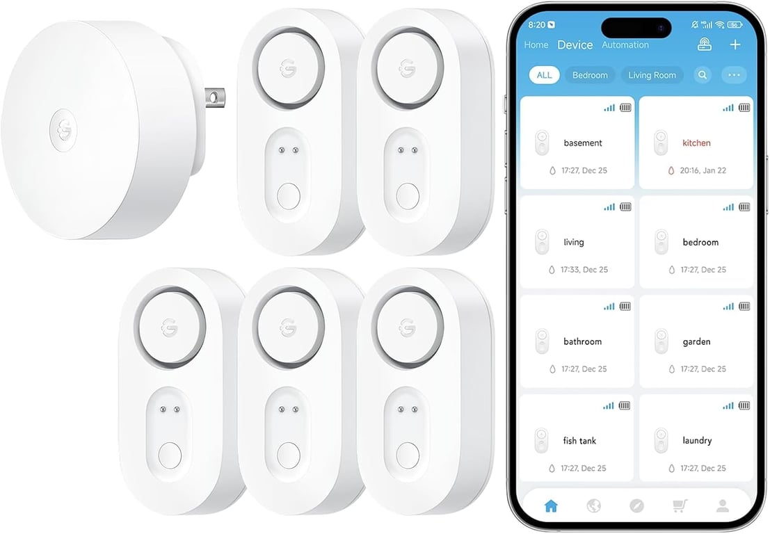 GoveeLife Upgraded Smart Water Leak Detector 1s with High Alarm, 5 Pack