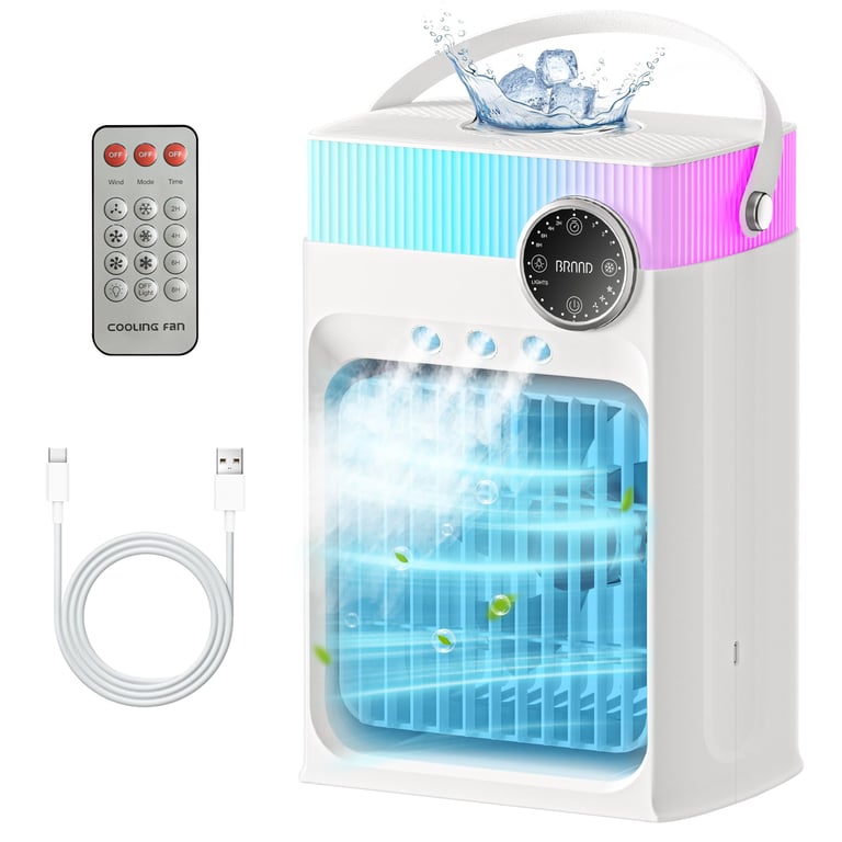 Portable Air Conditioners, Mini AC Unit Cooling Fan for Bedroom,1200ML Small Air Cooler Fans with Remote, 3 Mist,3 Speed,8 Light,2-8H Timer Personal AC Portable for Office Camping Car Desk(White)