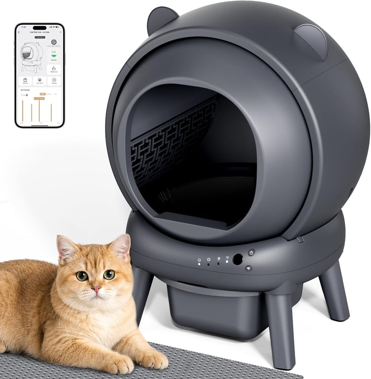 Self Cleaning Litter Box, Dual Safety Sensors, App Control, Gray | Automatic Cat Litter Box for Multiple Cats, Noise & Odor Control, Easy Maintenance with 2 Rolls of Garbage Bags, Includes Mat