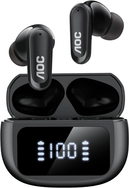 AOC Noise Cancelling Wireless Earbuds, 39dB ANC, 45H, LED Display, Black