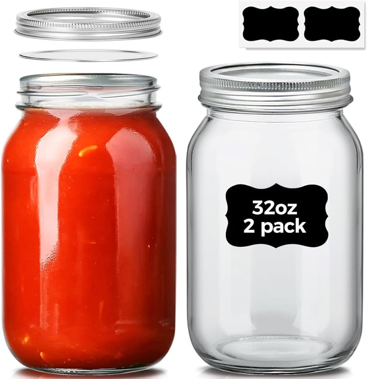 ComSaf 32 oz Wide Mouth Mason Jars 2 Pack Large Glass Jars with Lids | BPA-Free Materials, Quart Size, Chunky Salsa, Canning Pickling Sauce, Meal Prep Salad, Sourdough, Jam Jelly, Meal Prep