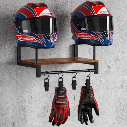 Automotive Helmet Holder Wall Mount, Solid Wood and Metal Helmet Rack with 4 Glove Clips, Motorcycle Accessories Gear Storage Organizer for Entryway or Garage