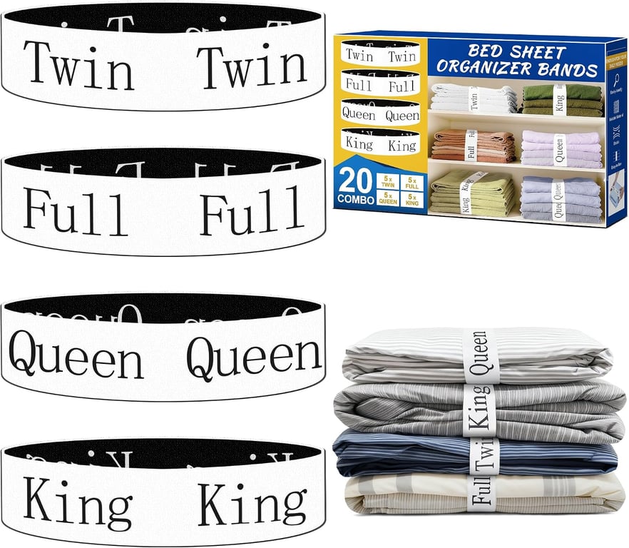 20 Pack Elastic Bed Sheet Organizer Bands with Size Labels，Elastic Bedding Band Labels for Organizing Bed Sheets with Assorted Sizes
