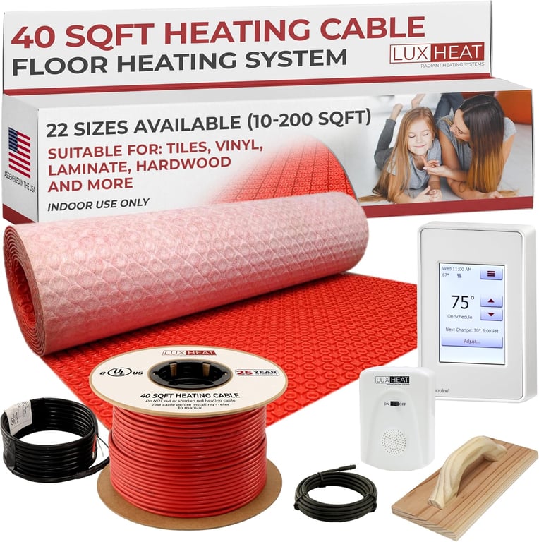LuxHeat 40sqft Electric Radiant Floor Heating System - 120v Underfloor Heating System - Includes UDG4 Programmable Thermostat w/GFCI, Heat Cable, Uncoupling Membrane for Under Tile, Sensor & Alarm