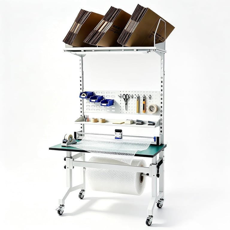 E-Commerce Packing Table, Mobile Iron-Wood Shipping Station with Built-in Power & LED, Ergonomic Standing Workbench with ESD Surface, Tape Dispenser & Storage Shelves, 1500 LBS