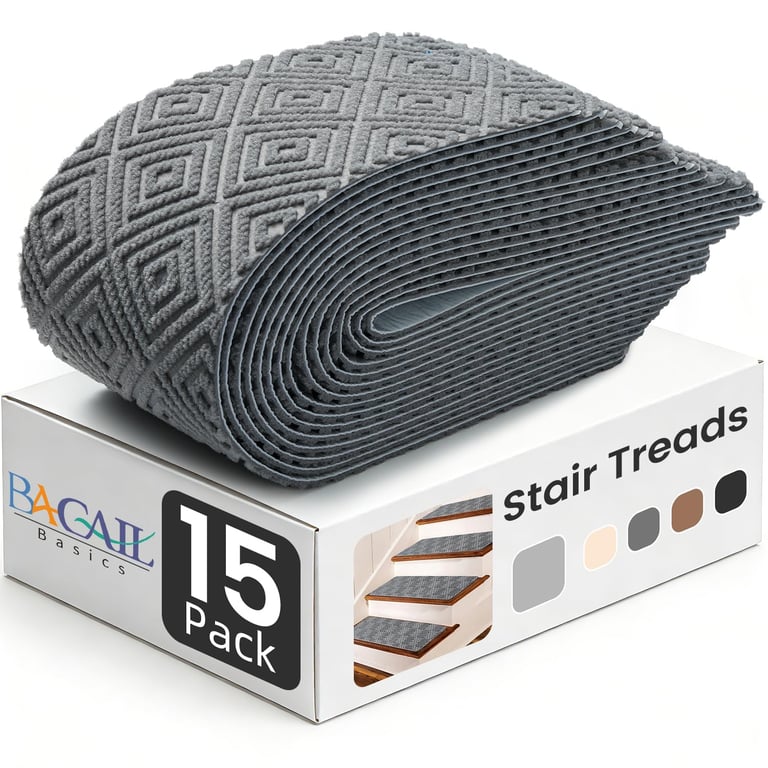 BAGAIL 15-Pack Non-Slip Stair Treads 8"x30" for Wooden Steps, Light Gray