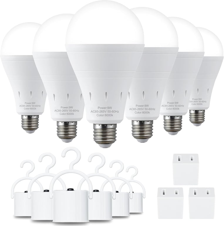 DEBAOBULB 6 Pack Rechargeable Emergency Light Bulbs, Battery Powered LED Light Bulb 6000K Daylight E26 120 Volt 9W 60W Equivalent with 1200mAh for Home Power Outage Camping Hurricane