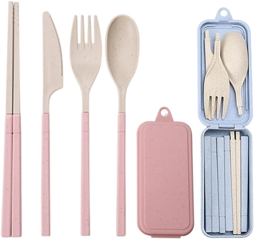 Ouliget Collapsible Reusable Utensils Set with Portable Case,Wheat Straw Utensils Include Spoon Knife Forks Chopsticks,Portable Cutlery for Travel Picnic Camping,2 Pieces