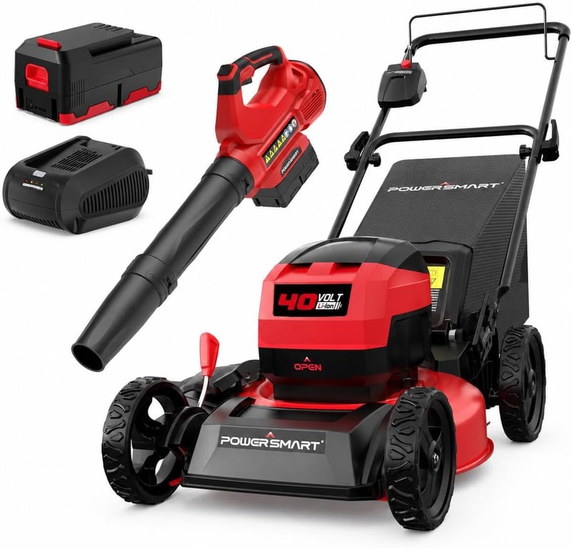PowerSmart 40V Brushless Cordless 17" 3-in-1 Push Lawn Mower & Leaf Blower Combo, 6-Position Height Adjustment & 11.8 Gal Bag, 115 MPH 465 CFM 2 Mode Blower, Battery Powered Yard Tools Set