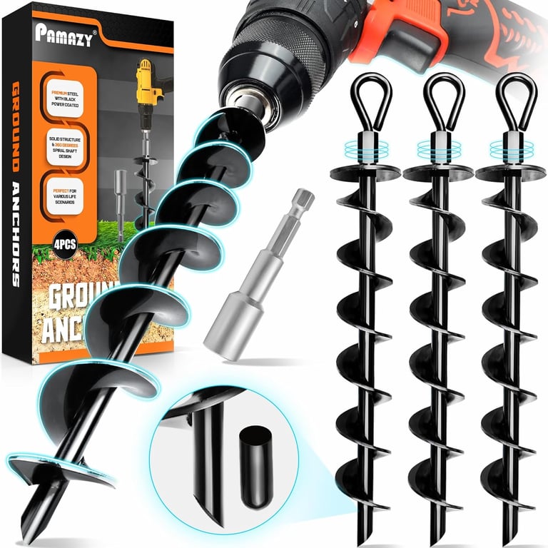 [Premium] 4PCS Ground Anchors Screw in & Power Nut Driver, Swing Set Anchor | Heavy-duty Steel Trampoline Anchor, High Wind Tent Stakes for Camping Tents, Gazebos, Trap Anchor, Carports, Swing Sets