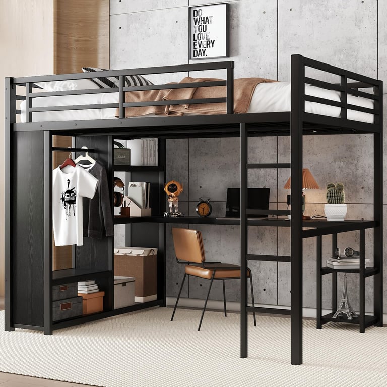 Bellemave Queen Loft Bed with Desk & Storage