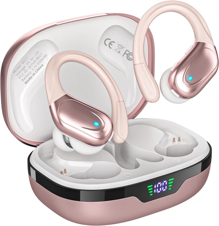 HAOYUYAN Wireless Earbuds, Sports Bluetooth Headphones, 80Hrs Playtime Ear Buds with LED Power Display, Noise Canceling Headset, IPX7 Waterproof Earphones for Workout/Running（Rose Gold）