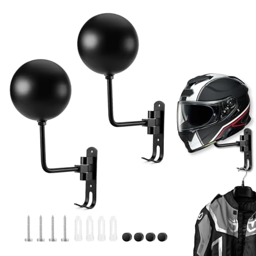 Motorcycle Helmet Holder (2 Pack) Wall Mount for Football /Bicycle Helmet | Helmet Hanger 180° Rotation Helmet Rack with Double Hook for Helmet, Hat, Cap, Sportswear, Motorcycle Accessories