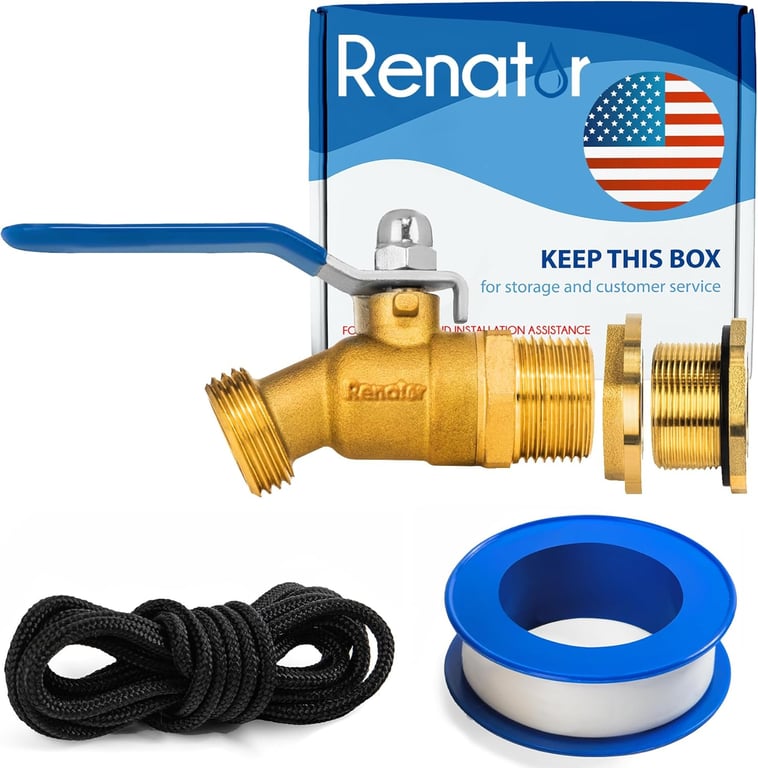 Renator Brass Rain Barrel Spigot Kit. Lead-Free Compliant. 3/4 Inch Quarter Turn Ball Valve. Rain Barrel Kit for Any Including 5 55 Gallon Drum Spigot Bucket, with Bulkhead Fitting, Tape