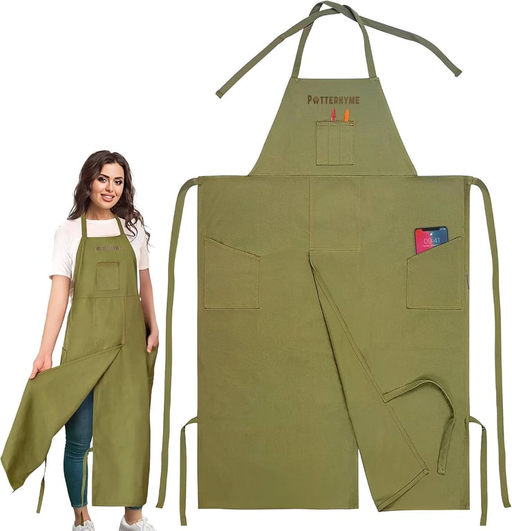 Full Coverage Pottery Apron Split Leg - 100% Cotton Canvas Potter's & Ceramics Aprons with Pockets for Women & Men