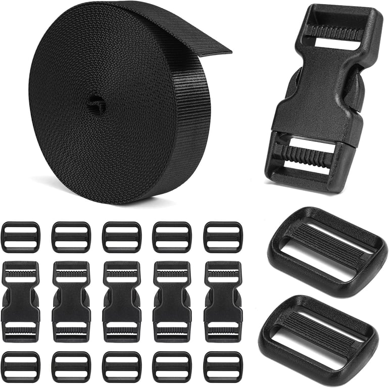 BEYOURD Buckles and Straps Set 1": 6 Yards of Thick Nylon Webbing, 6-Pack Heavy Duty Adjustable Quick Side Release Plastic Buckles, 12 Tri-Glide Slide Clips, Black (1-Inch Combo Set)