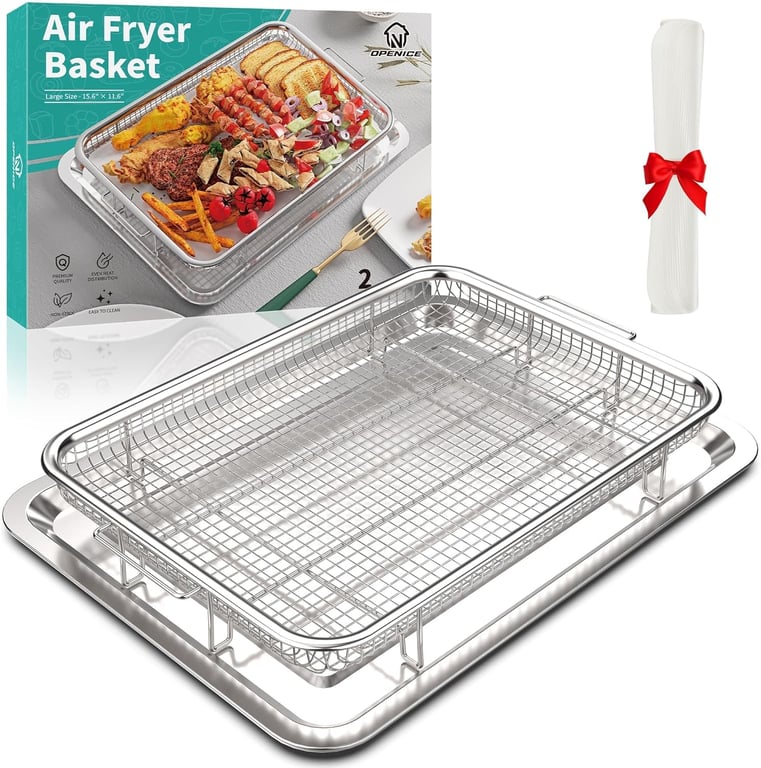 Air Fryer Basket for Oven, OPENICE Oven Air Fryer Basket and Tray Set | 15.3"x11.0" Stainless Steel Air Fryer Tray snd Pan with 30 PCS Parchment Paper
