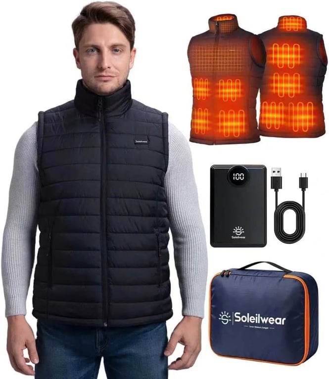Soleilwear Men's Heated Vest with Battery, Lightweight Heated Vest for Men