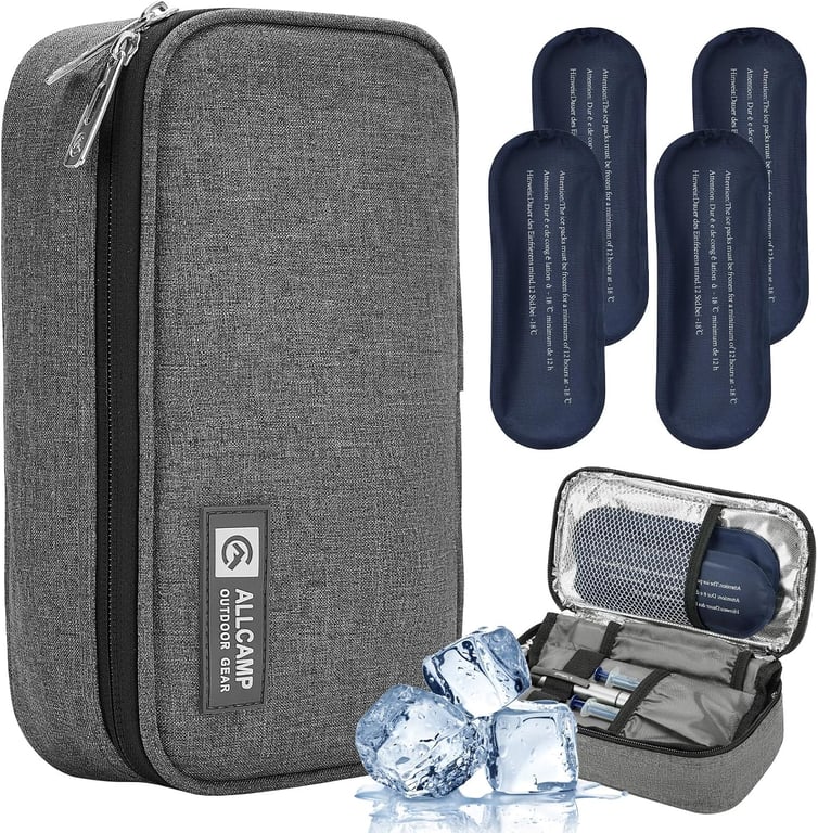 ALLCAMP Insulin Travel Cooler Case, Large Capacity, 4 Ice Packs, Gray