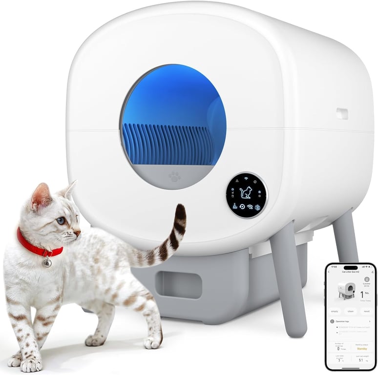 Cumrige Automatic Litter Box,Safety Sensors,App Control,95L Large Capacity | Detachable waste trays ,Self cleaning litter box for Multiple Cats,Safety Protection, 2 Roll Garbage Bags,White & Grey