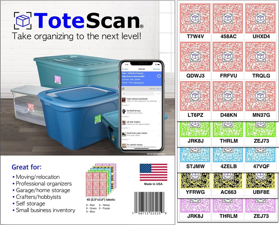 Intelligent QR Labels for Organization/Moving/Storage (45 Unique Labels, 2.5"x3") Multi-Color (red/Green/Blue/Yellow/Purple) (Multi-Color)