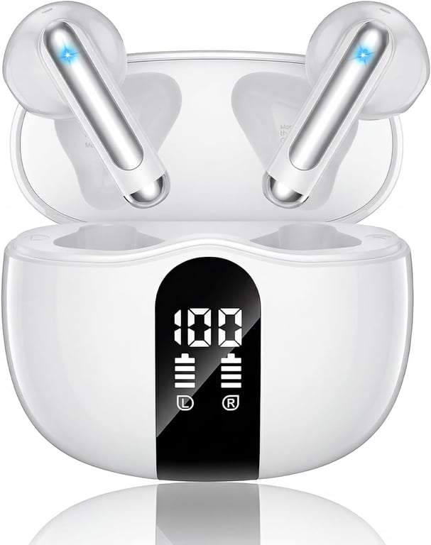 XIAOWTEK Wireless Earbuds, 2026 Bluetooth 5.4 Headphones Bass Stereo Ear Buds with Noise Cancelling Mic, LED Display in Ear Earphones 50H Playtime Ear Buds, IP7 Waterproof for Laptop Pad Phones White