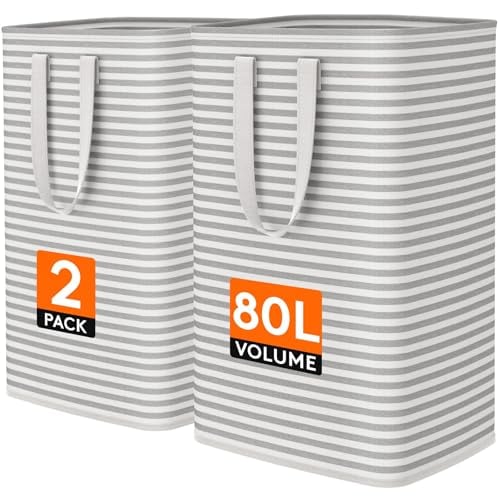 Lifewit 80L Large Laundry Baskets, 2 Pack, Reinforced Handles, Grey